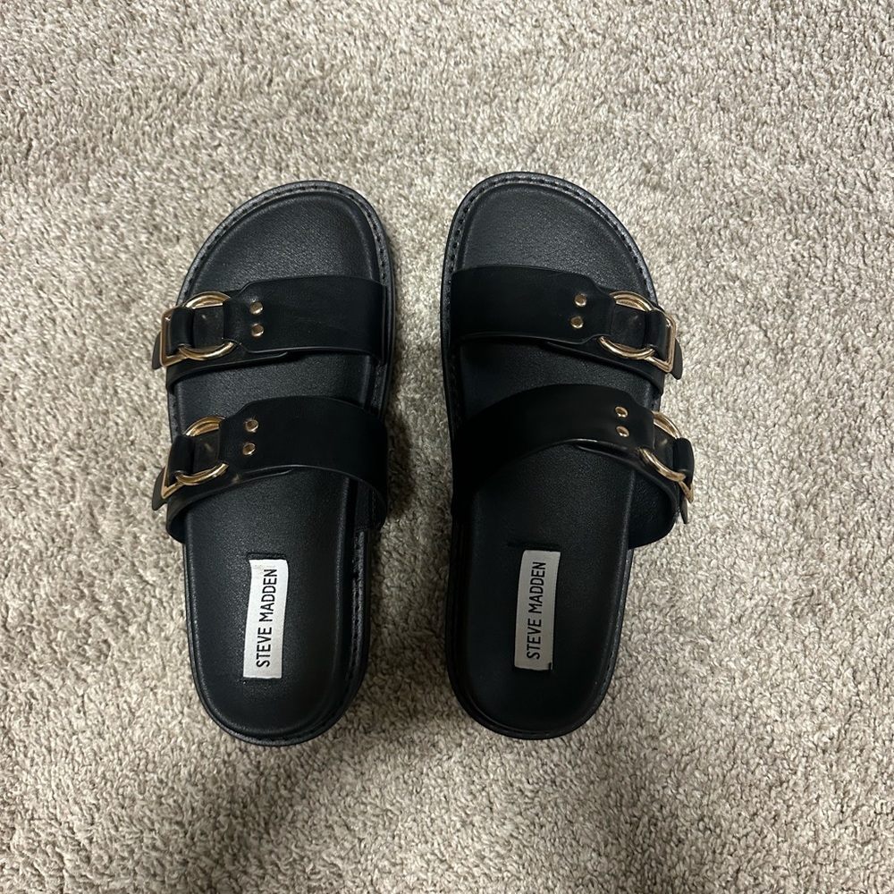 Steve Madden Black Double Buckle Slides